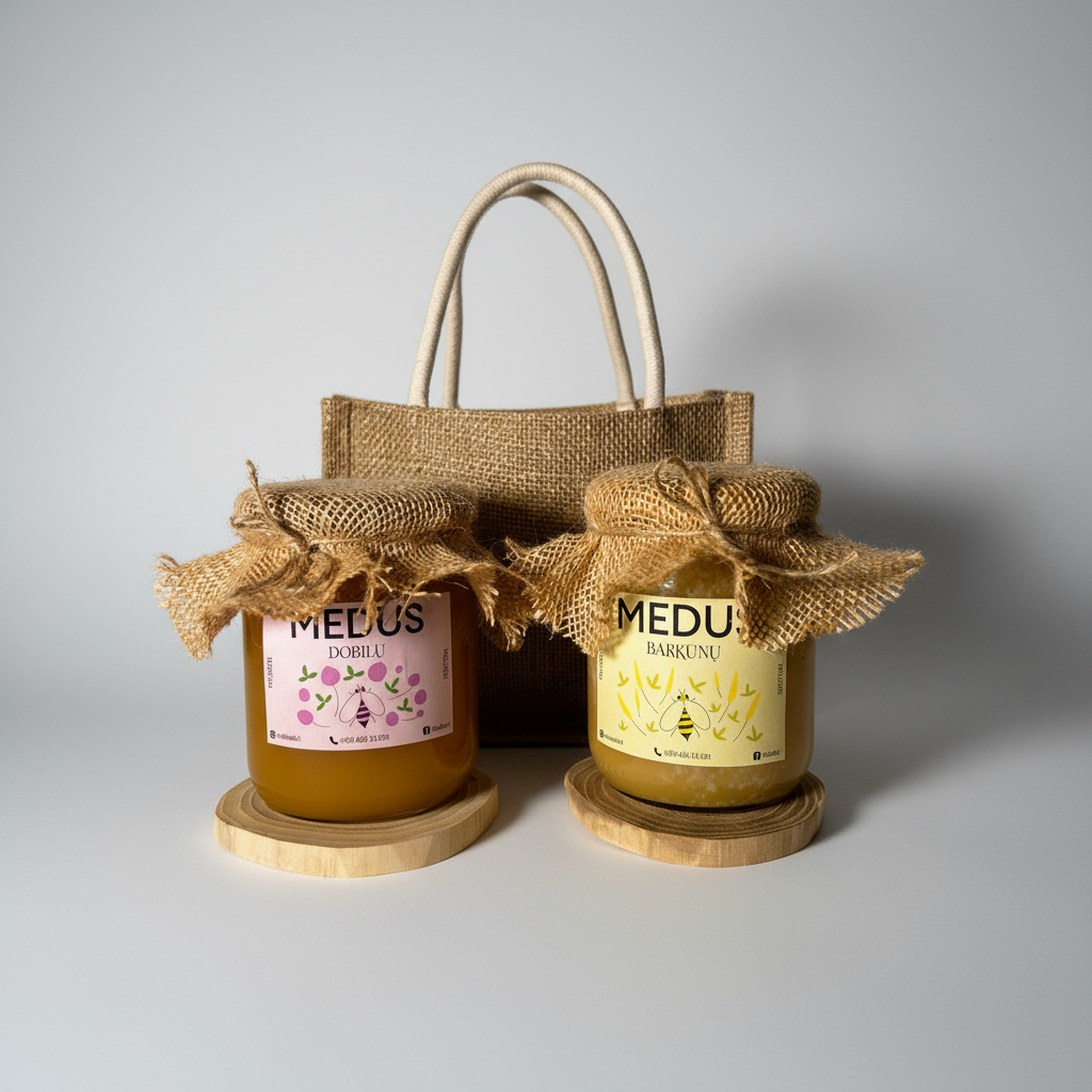 Barkūnų ir dobilų medaus rinkinys su mediniais padėkliukais