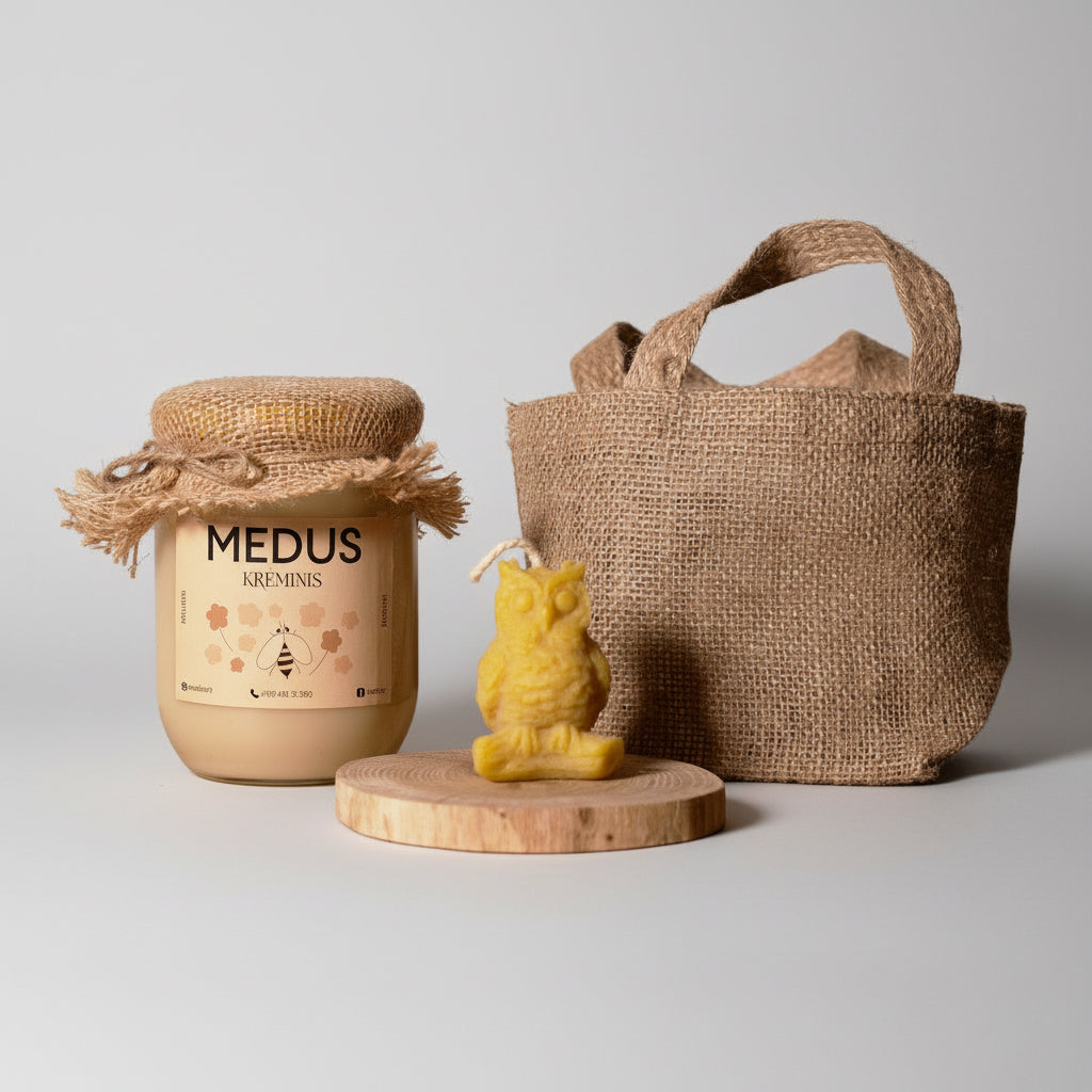 Kreminio medaus, žvakės ir ąžuolo padėkliuko rinkinys