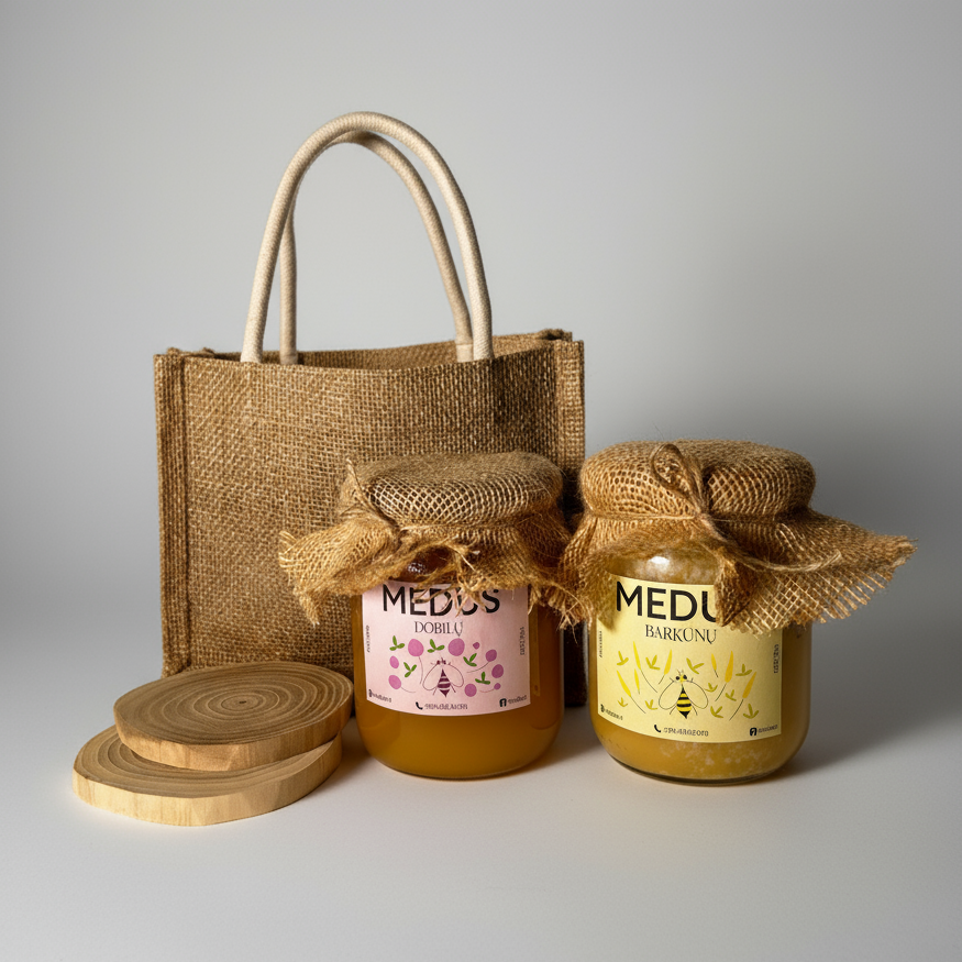 Barkūnų ir dobilų medaus rinkinys su mediniais padėkliukais