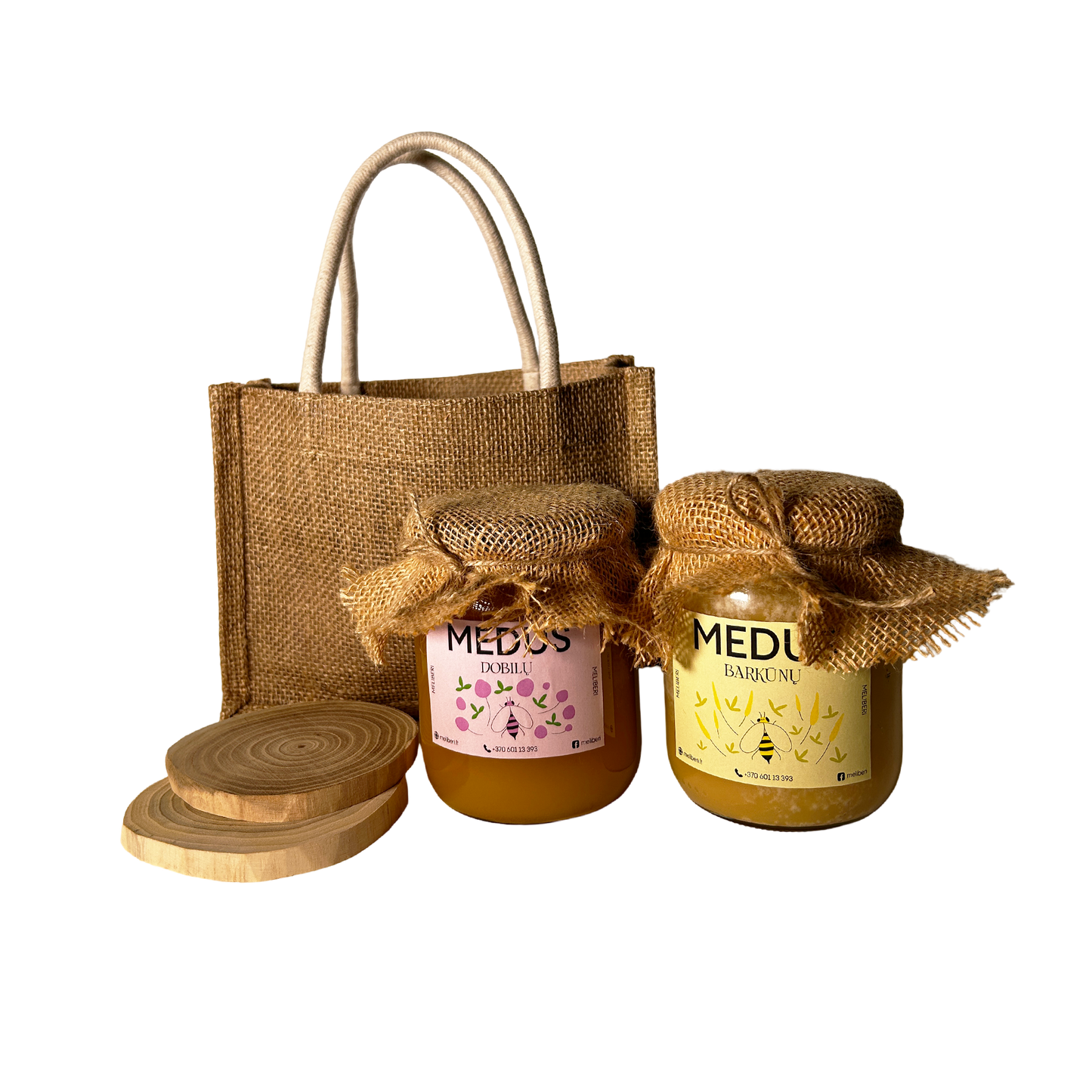 Barkūnų ir dobilų medaus rinkinys su mediniais padėkliukais