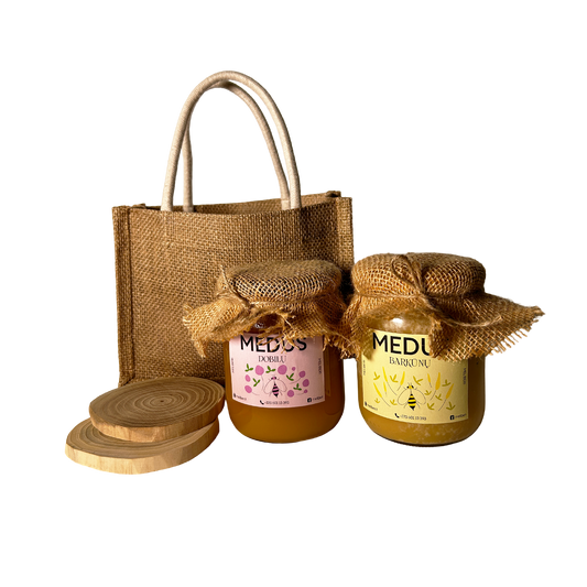 Barkūnų ir dobilų medaus rinkinys su mediniais padėkliukais