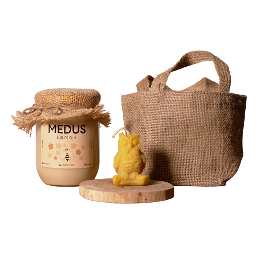 Kreminio medaus, žvakės ir ąžuolo padėkliuko rinkinys